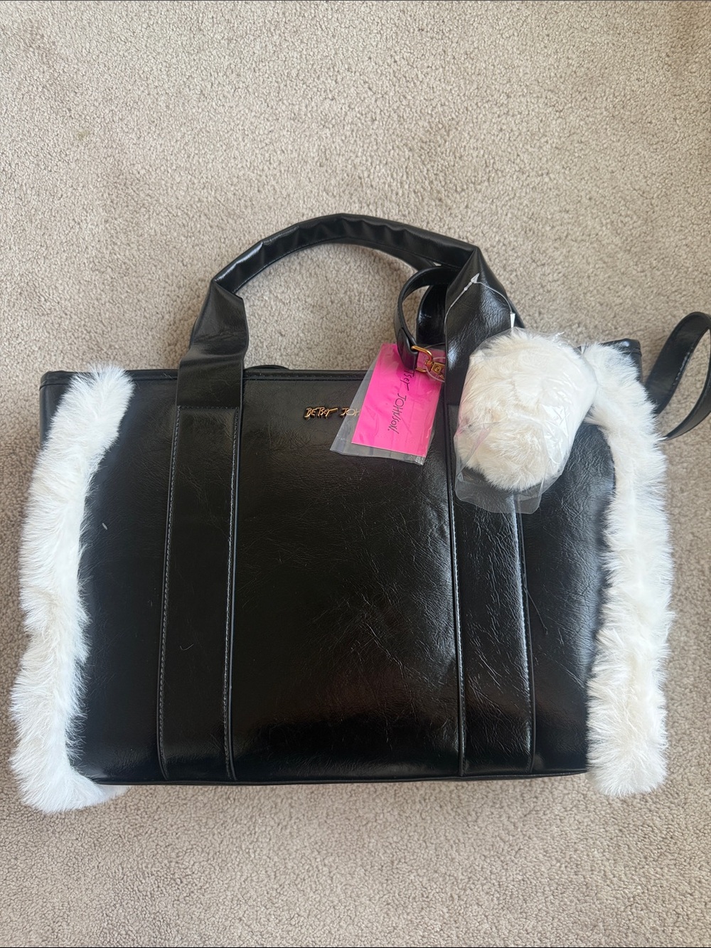 Black Faux Leather Tote with White Faux Fur Trim